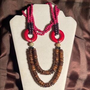 Pink and Brown Long Beaded wood Necklace